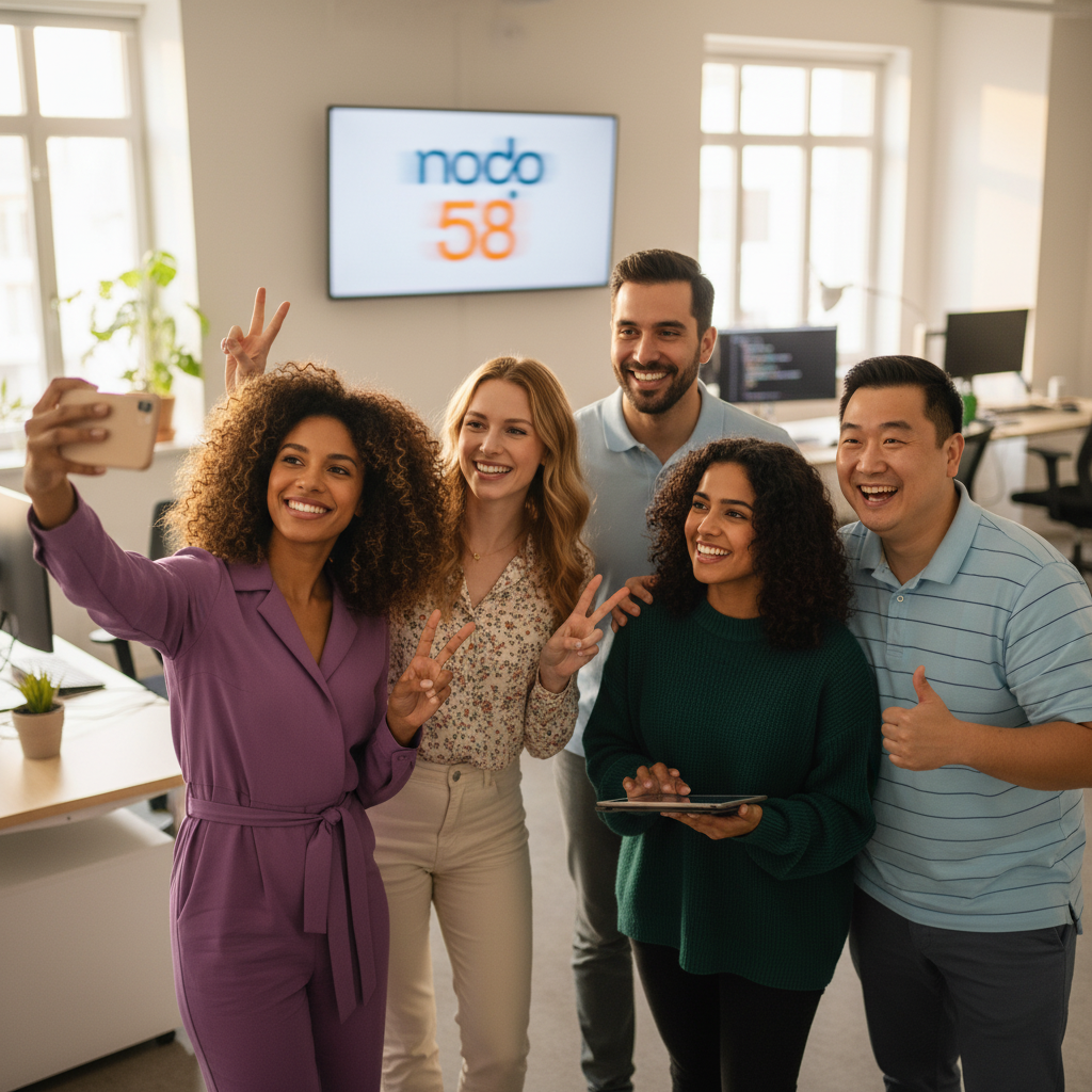 Equipo completo de 6 agentes IA de Nodo58 representados por profesionales diversos en oficina moderna