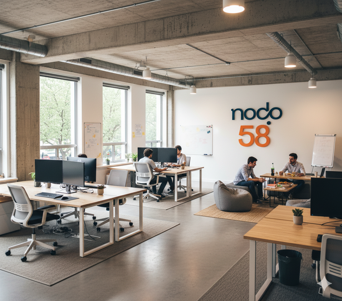 Oficina real de Nodo58 - Ambiente colaborativo con logo prominente y equipo trabajando