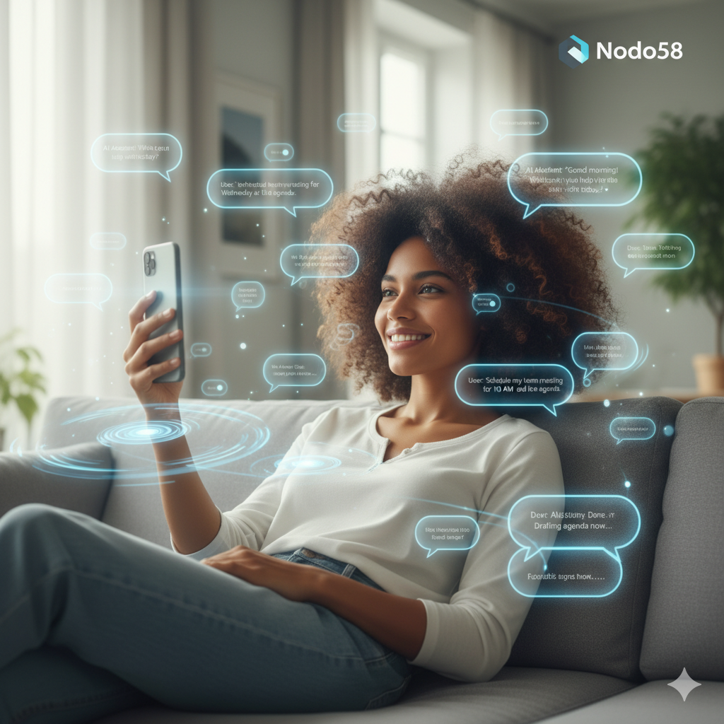 Mujer sonriente usando smartphone con múltiples asistentes IA de Nodo58 flotando
